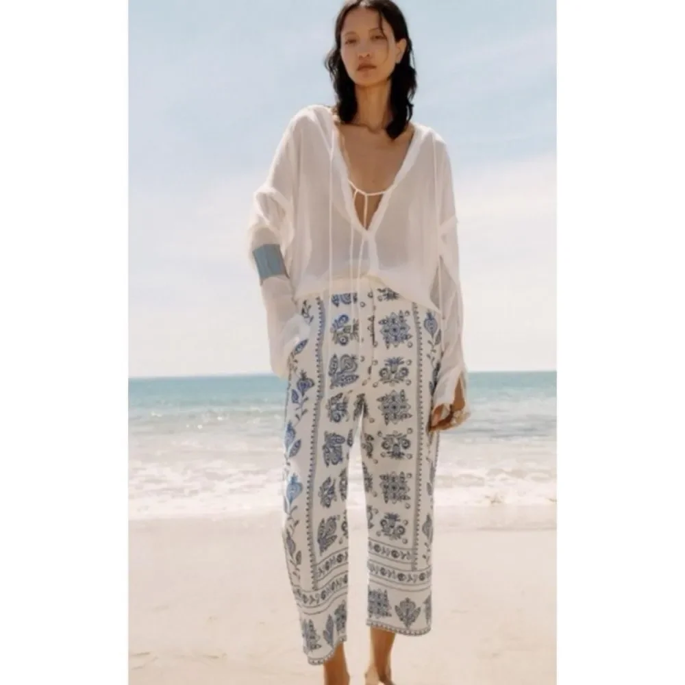 Zara Linen Embroidered Culottes Wide Leg Pants Size XL / NWT